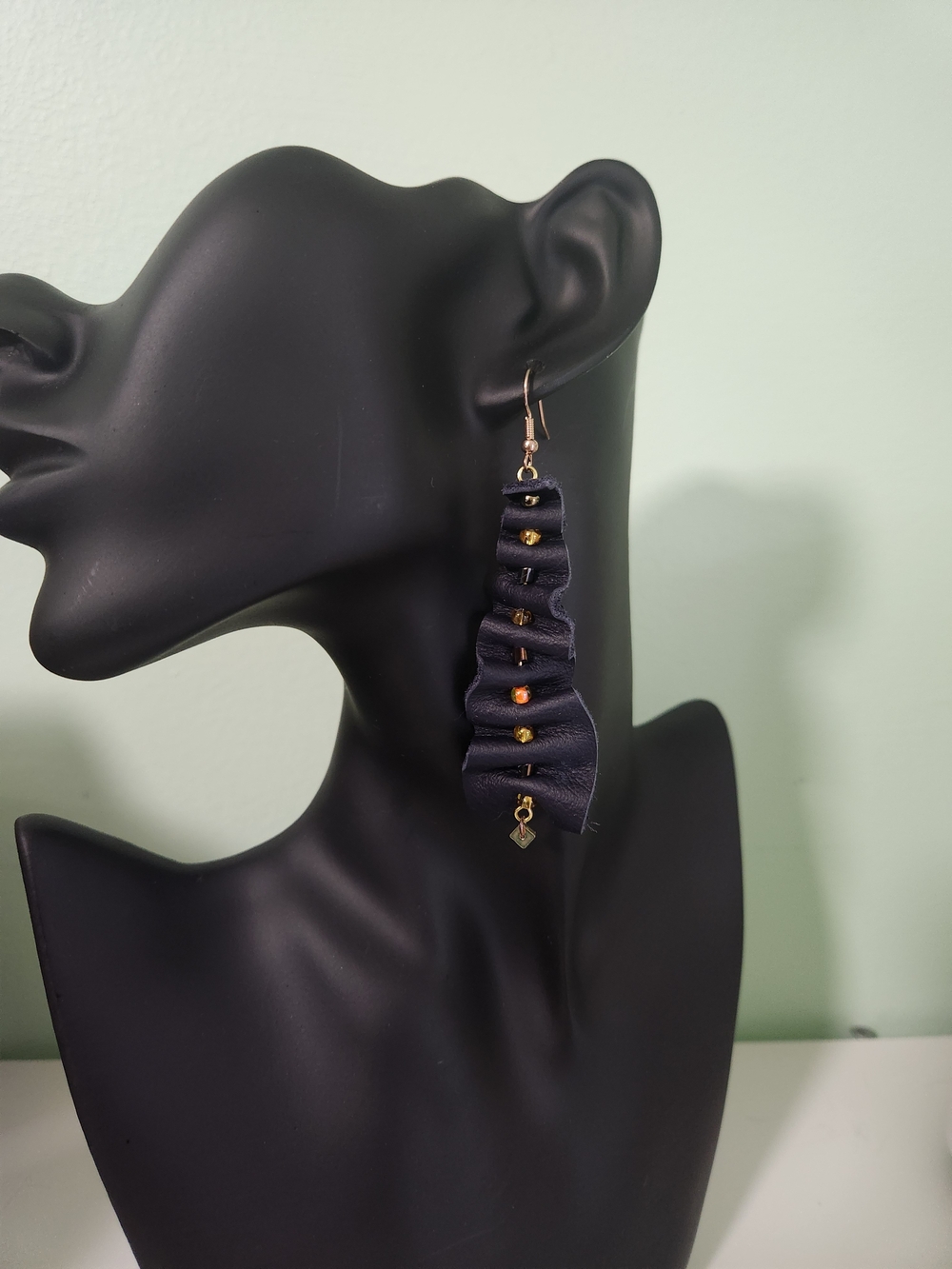 Handcrafted Black Leather Ruffle Drop Earrings with Gold Accents